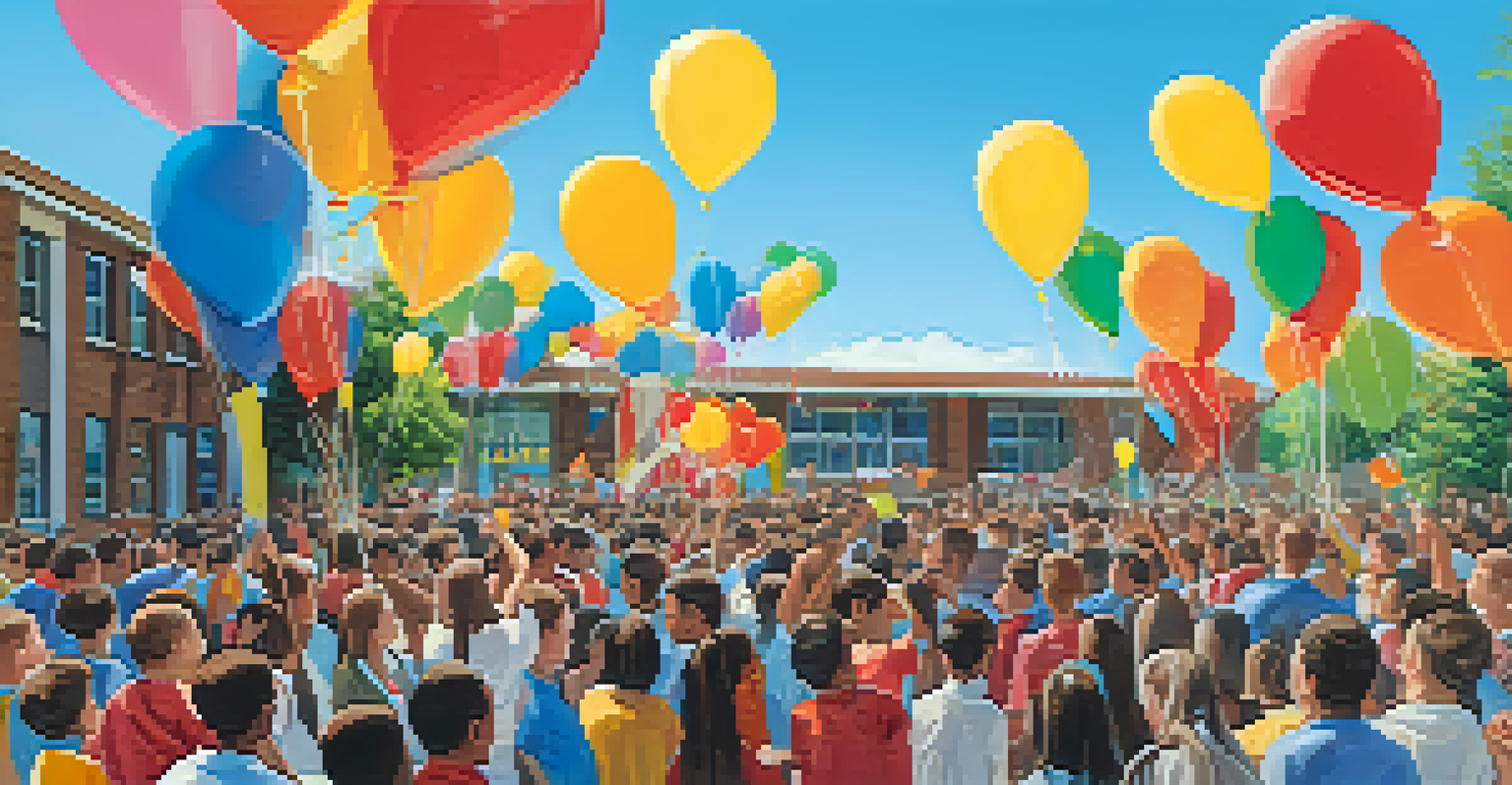 A community gathering outside a school, showing unity and support after a crisis.