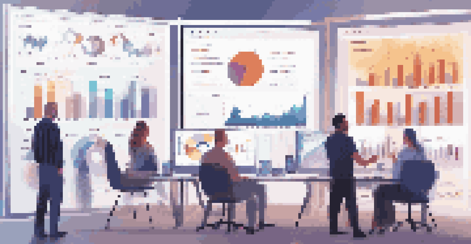 A group of diverse individuals gathered around a computer screen displaying colorful data visualizations, engaging in discussion.
