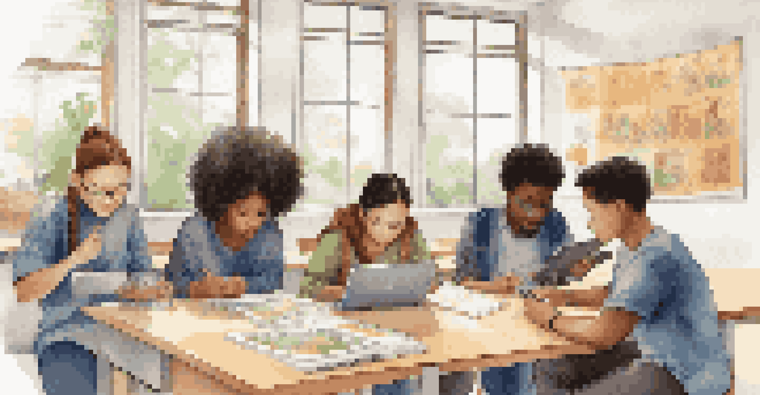 A diverse group of students working together in a classroom using mobile devices for learning.