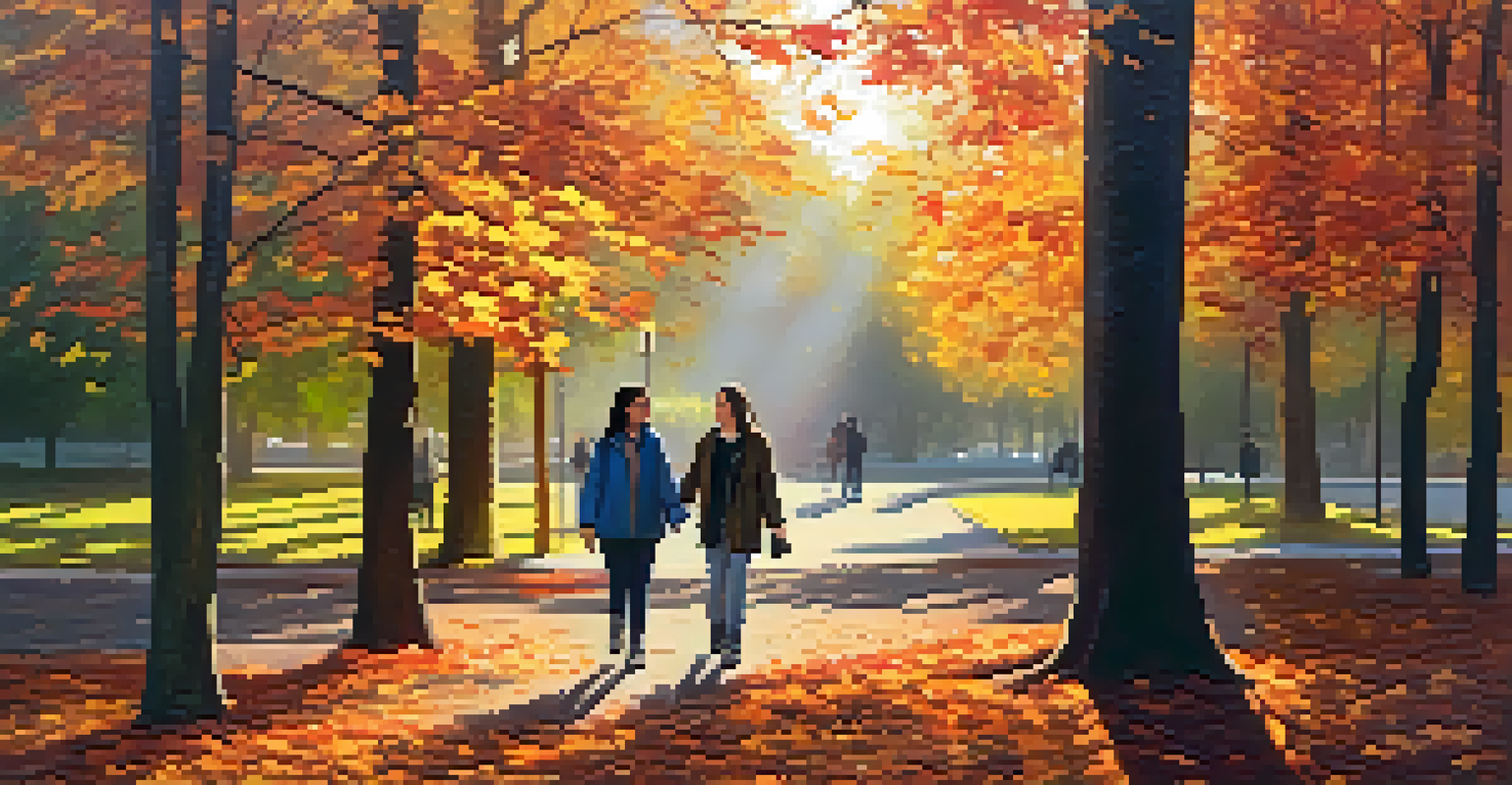 A mentor and mentee walking together in a park during autumn, discussing ideas with colorful leaves around them.