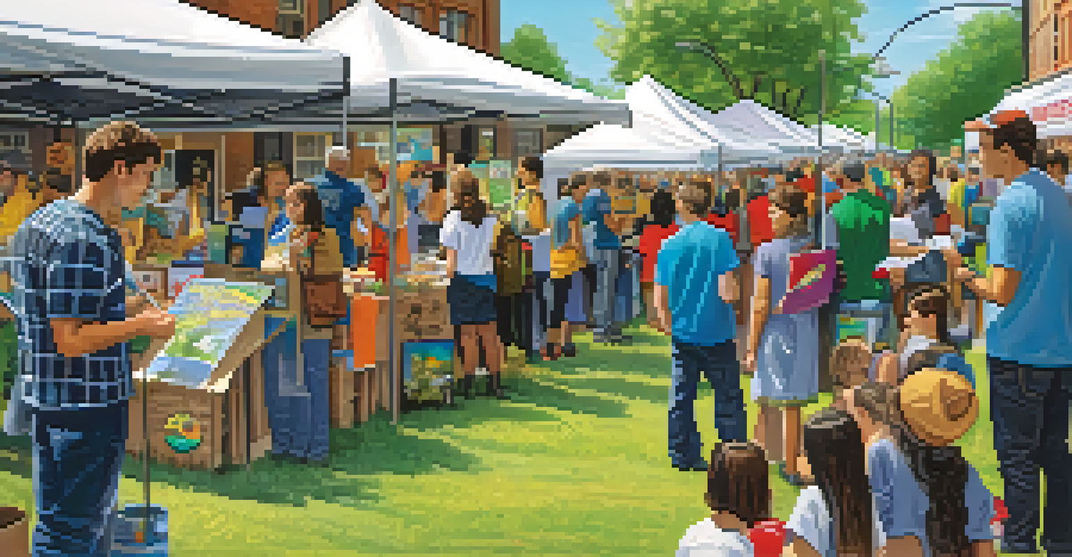 Students engaging with community members at an event focused on local environmental issues, surrounded by colorful banners and posters.