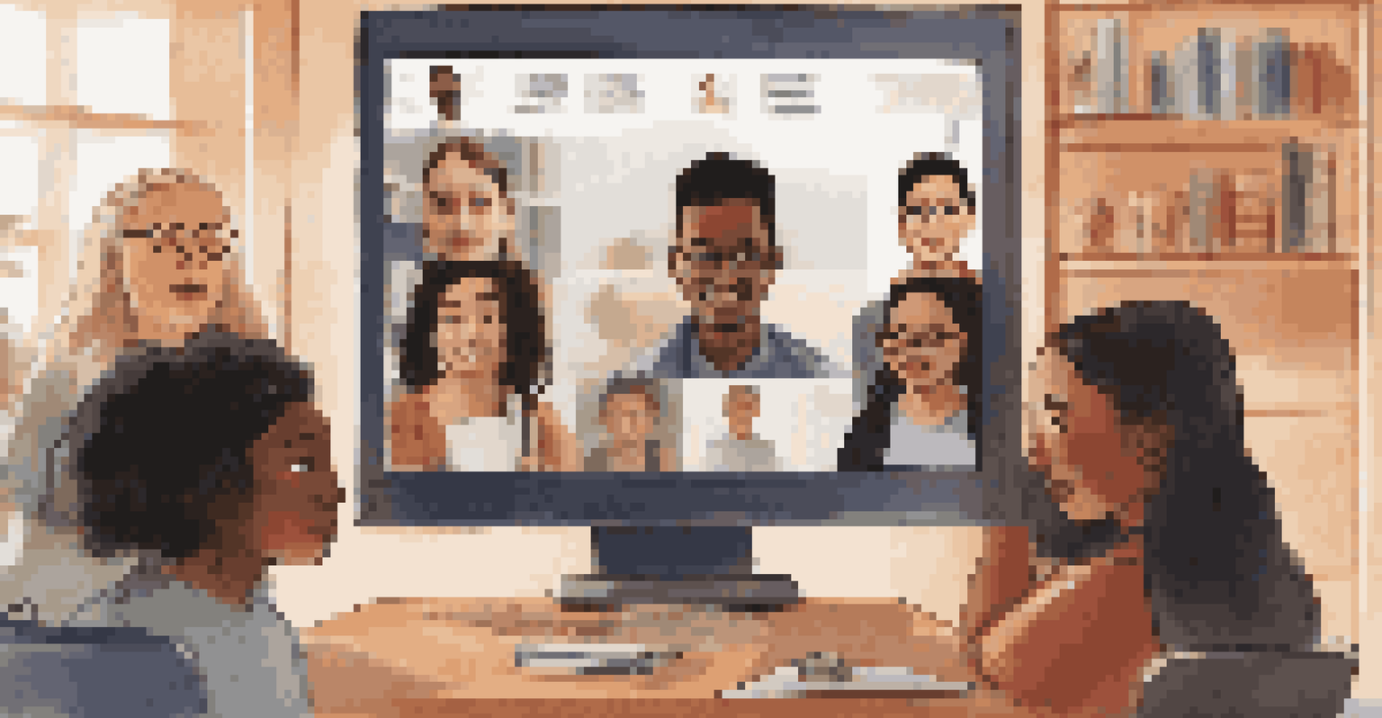 Students from various cultures engaged in a virtual class on a computer, with a cozy home study setting in the background.
