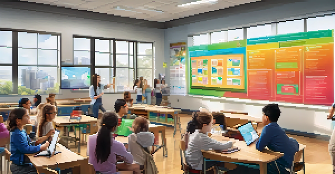 Students in a bright classroom using augmented reality to learn about budgeting, with 3D financial models visible in the air.