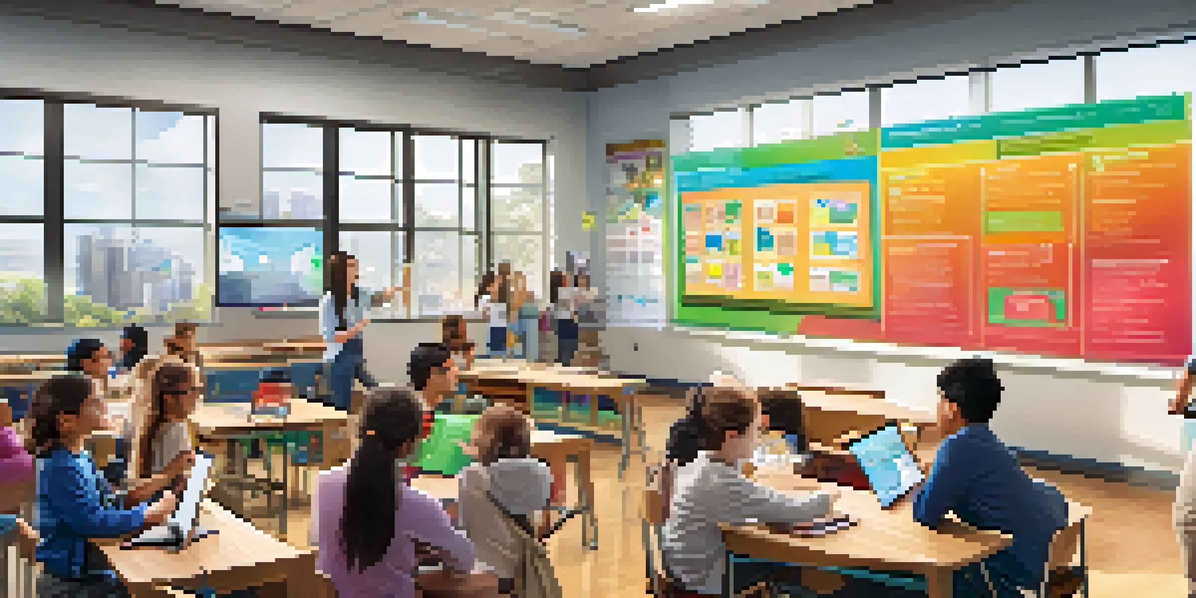 Students in a bright classroom using augmented reality to learn about budgeting, with 3D financial models visible in the air.