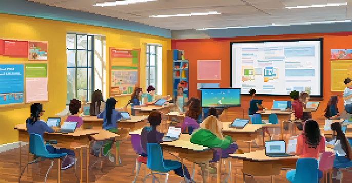A classroom with students using laptops and participating in group discussions, enhanced with bright educational materials.