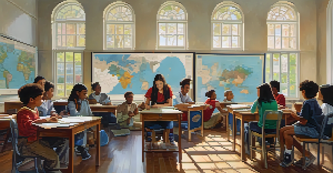 A diverse classroom with students discussing a world map, surrounded by cultural artifacts, illuminated by natural light.