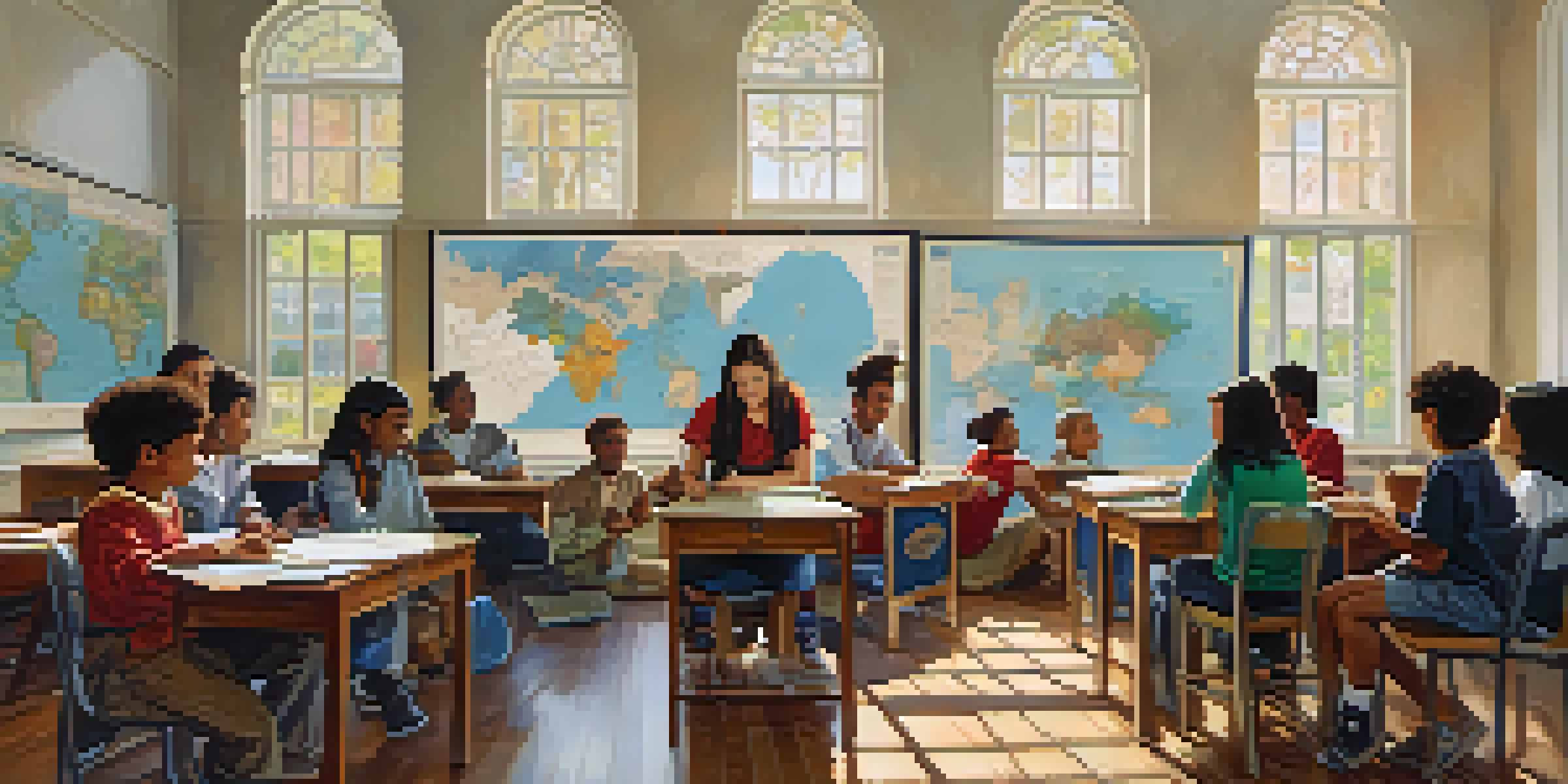 A diverse classroom with students discussing a world map, surrounded by cultural artifacts, illuminated by natural light.