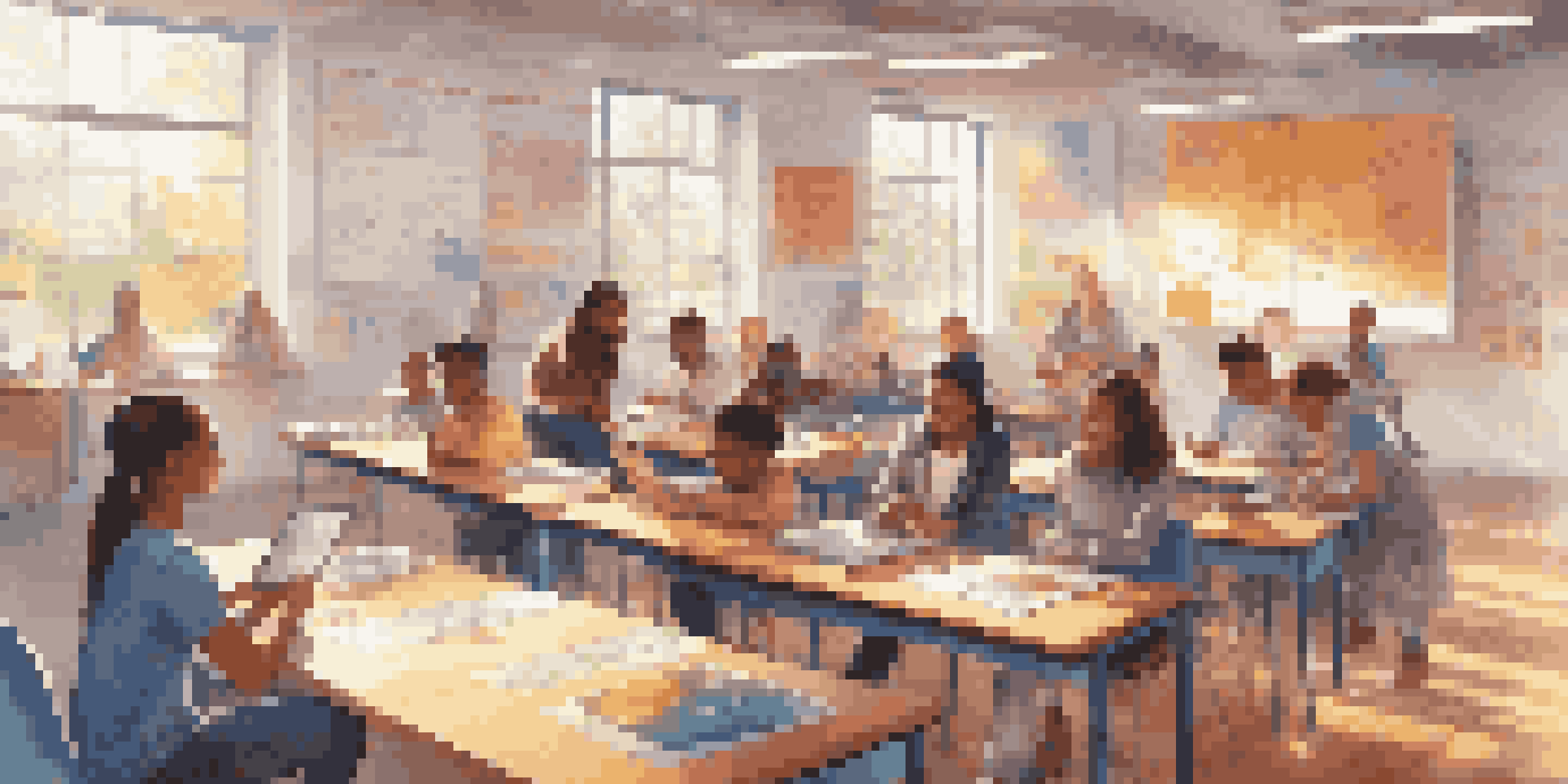 A bright classroom with diverse students using tablets and VR headsets, collaborating on a project, with colorful educational materials around.