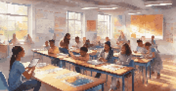 A bright classroom with diverse students using tablets and VR headsets, collaborating on a project, with colorful educational materials around.