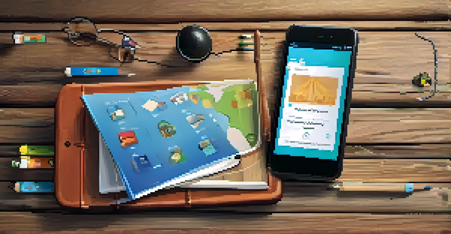 A smartphone on a rustic table displaying an educational app, surrounded by traditional artifacts, representing cultural heritage.