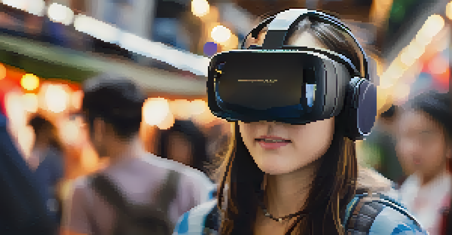 A close-up of a student wearing a VR headset, with reflections of a cultural market in the lenses.