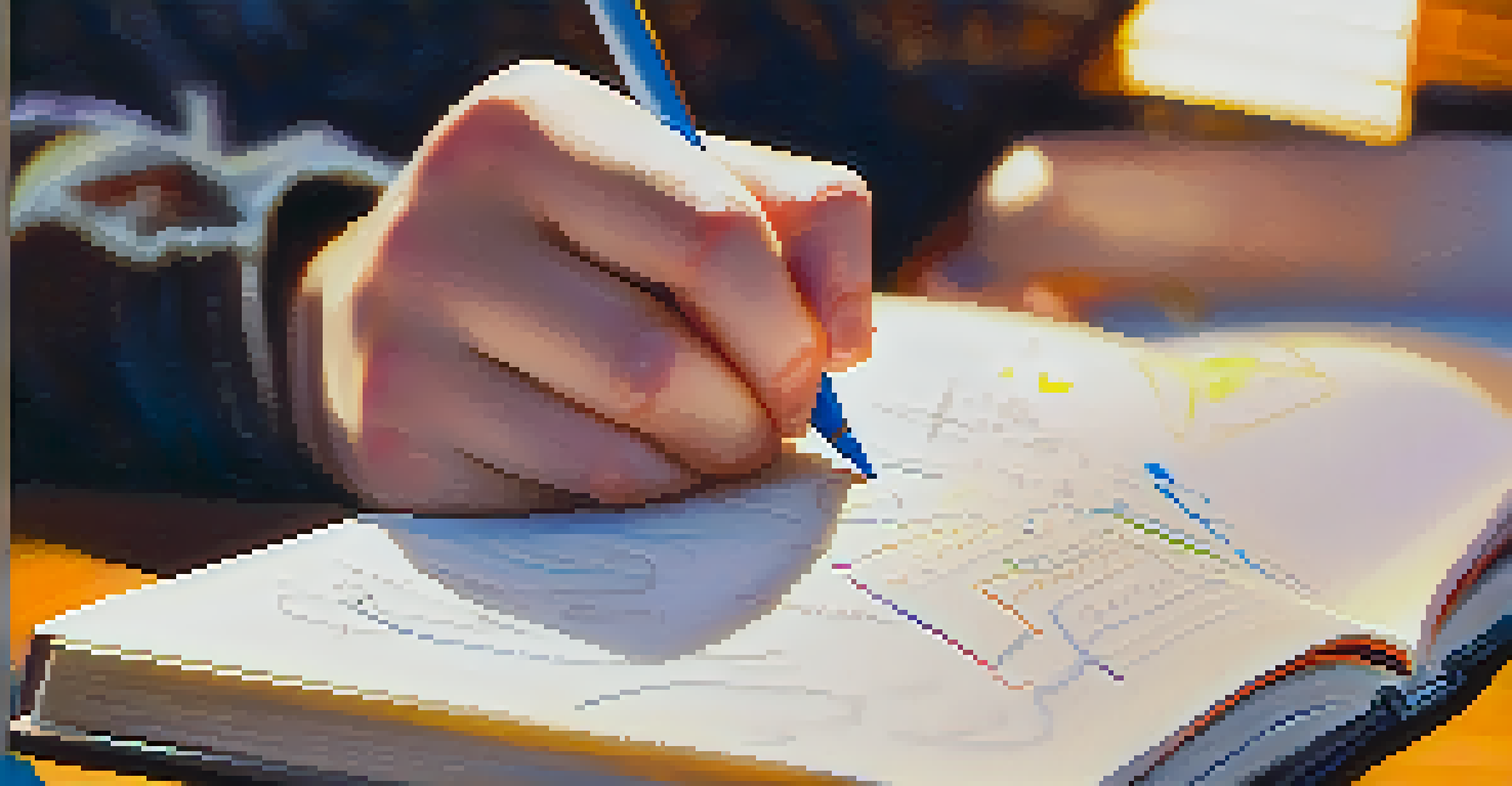 Close-up of a student's hands writing in a reflective journal, with colorful notes and a cozy study environment in the background.