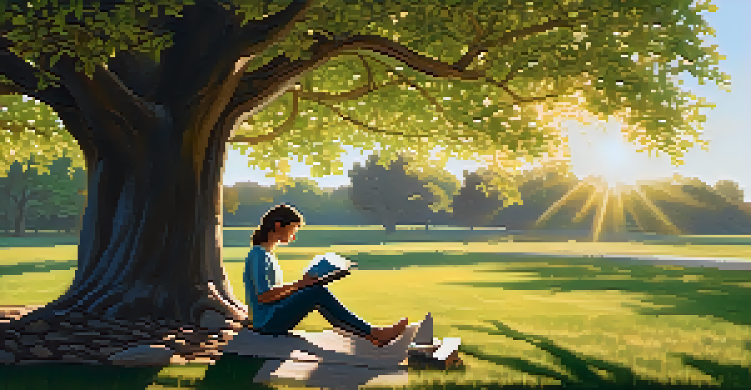 A person reading a book under a tree in a peaceful outdoor setting, surrounded by nature, with a laptop and books nearby, illuminated by dappled sunlight.