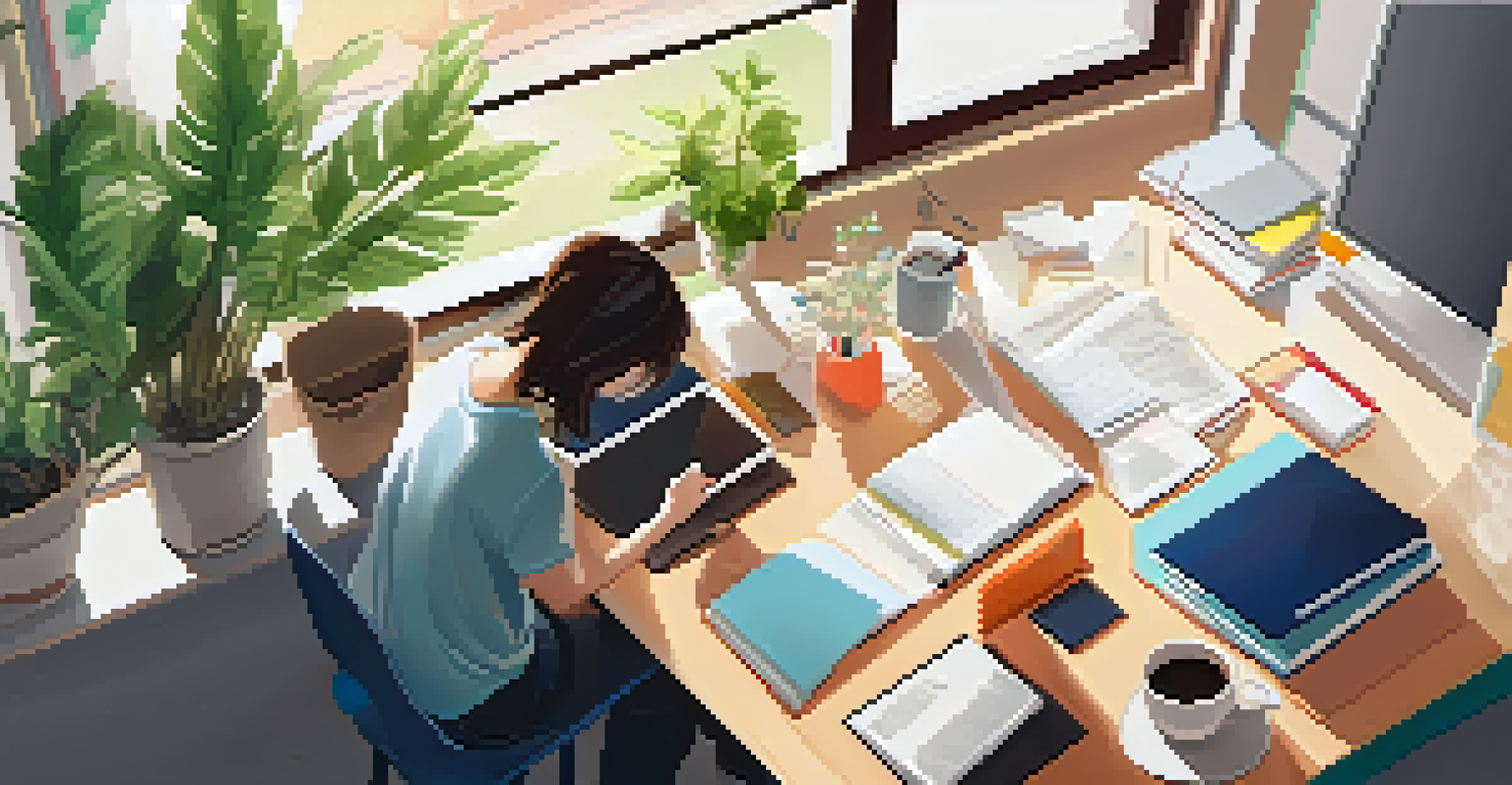 A student studying at a desk filled with notebooks, a laptop, and sunlight streaming through the window.