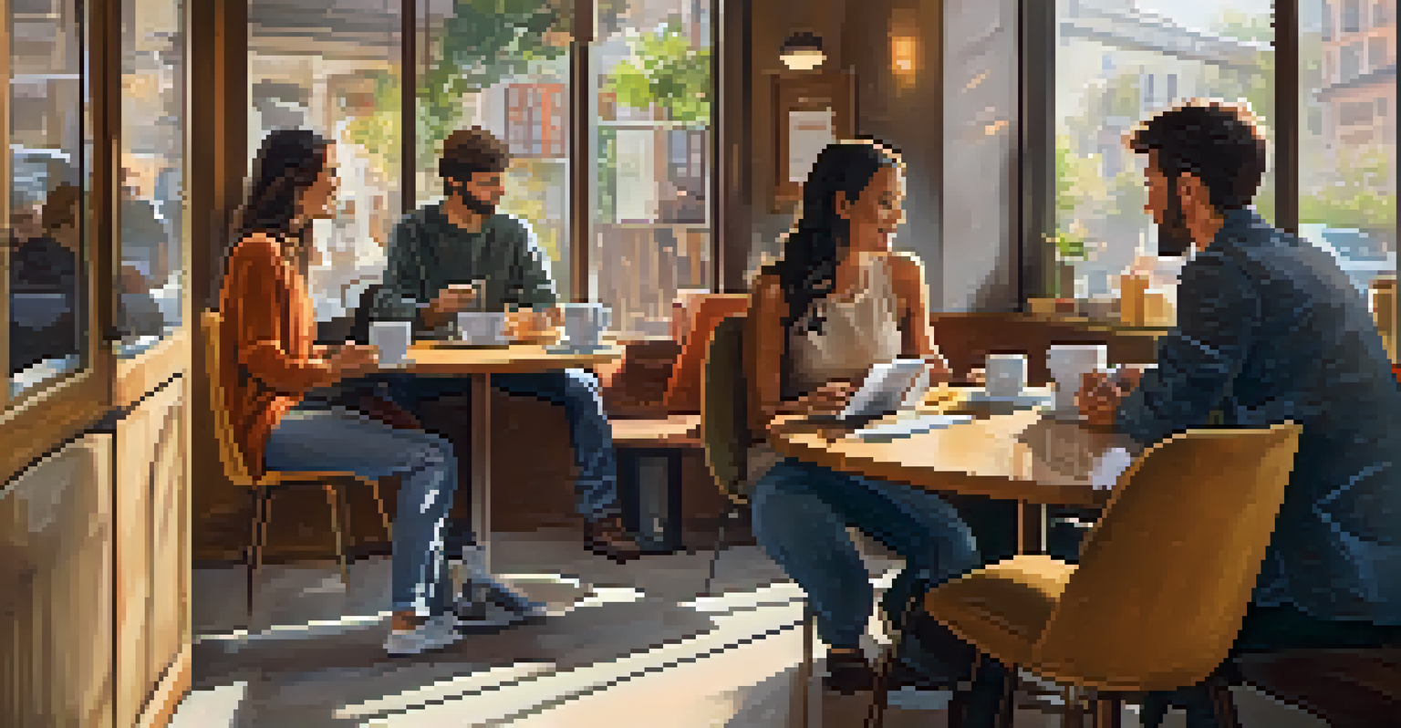 A small group of people sitting at a table in a cozy coffee shop, collaborating on their projects with laptops and notebooks.