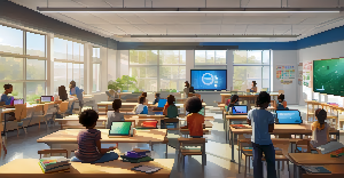 A bright classroom with diverse students using interactive technology, emphasizing collaboration and inclusivity.