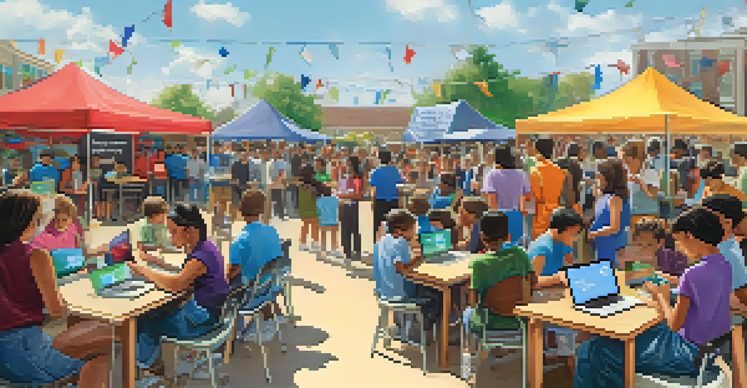 A community event with families and local businesses donating laptops and tablets to students, fostering support for technology access.