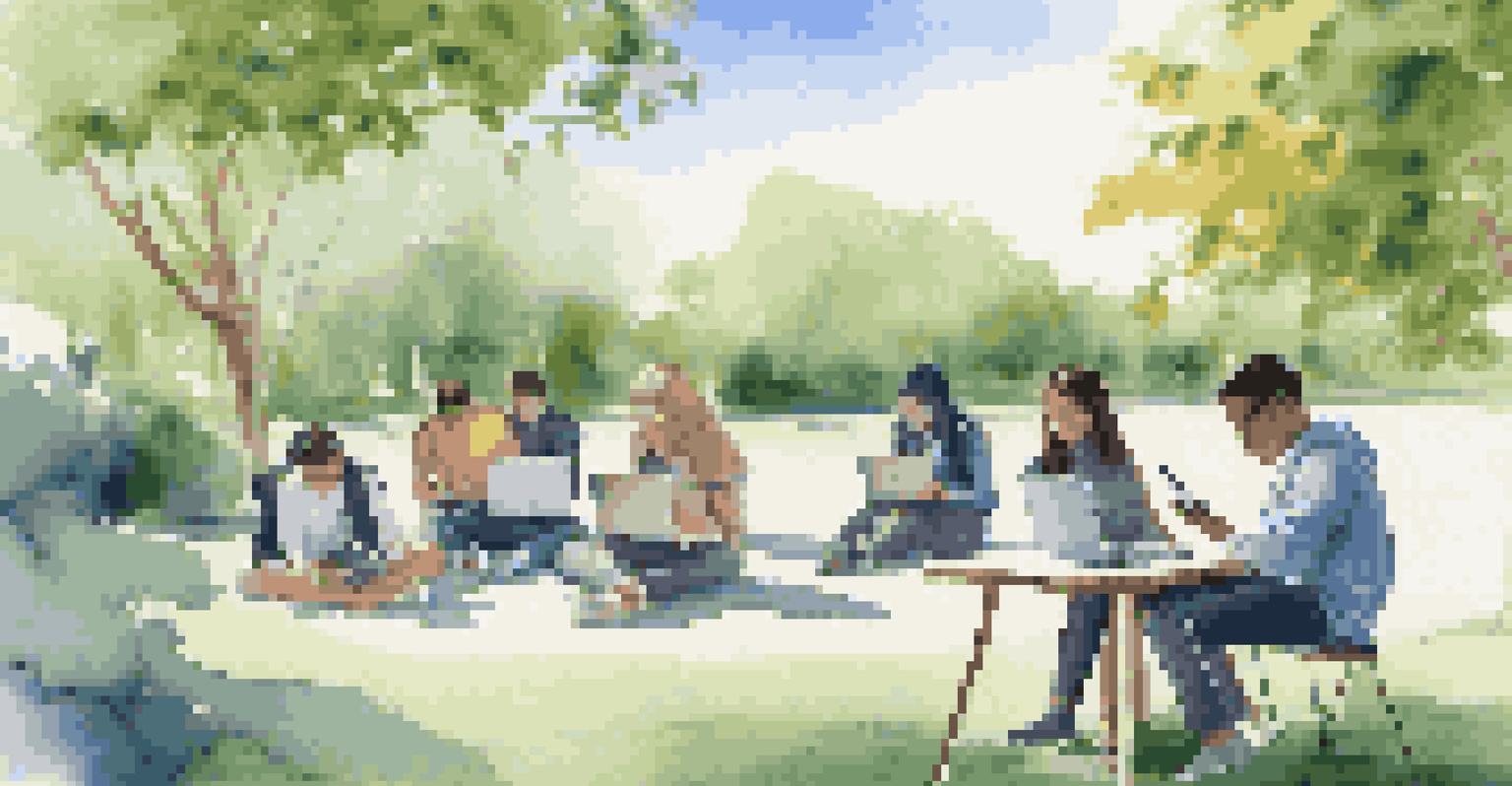 Students in an outdoor setting using devices for social media discussions, surrounded by greenery.