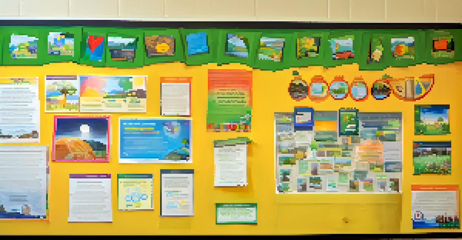A vibrant school bulletin board displaying student artwork and information about sustainability initiatives.