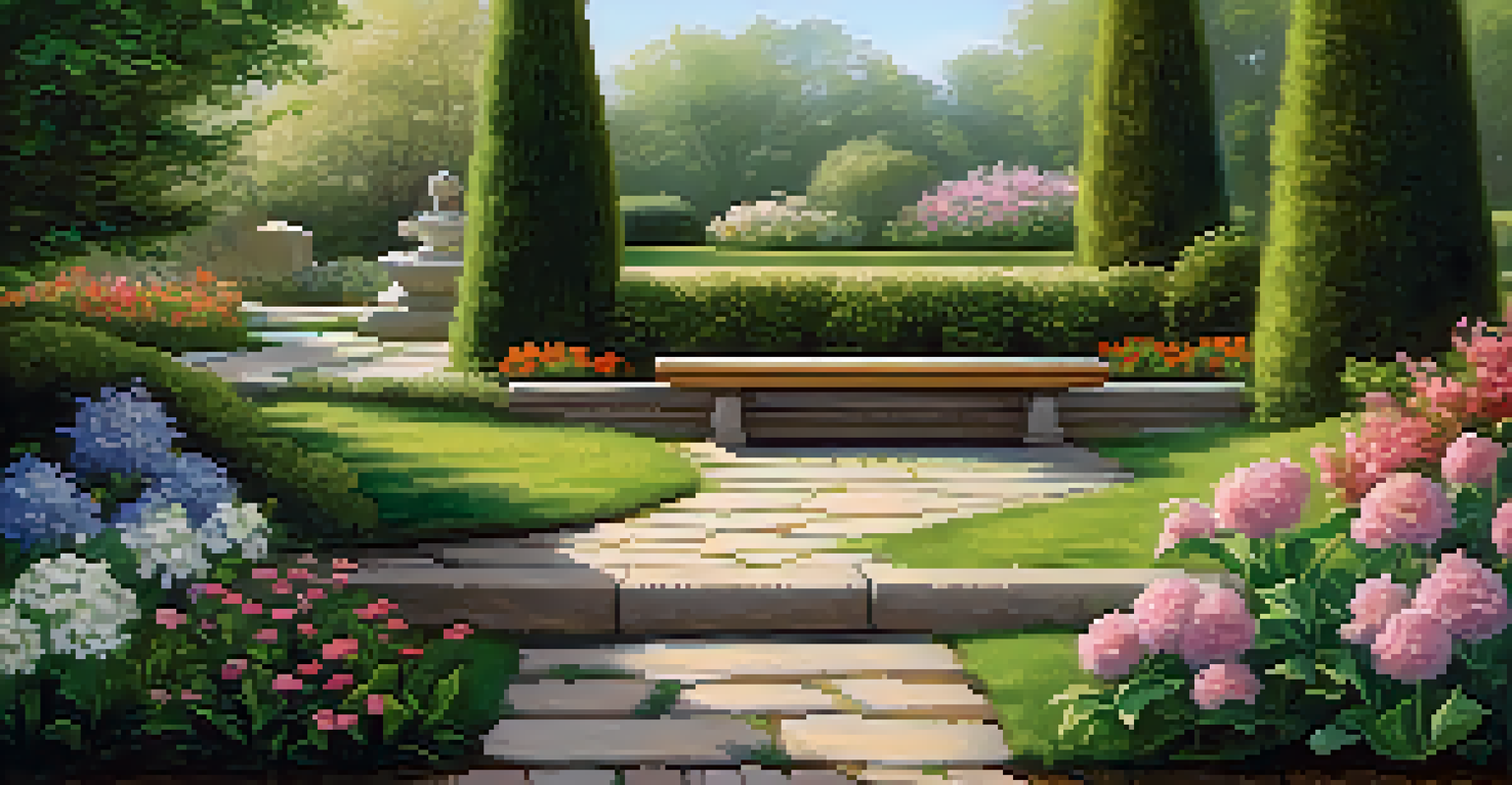 A peaceful garden with a stone path, blooming flowers, and a table holding books on finance and estate planning.