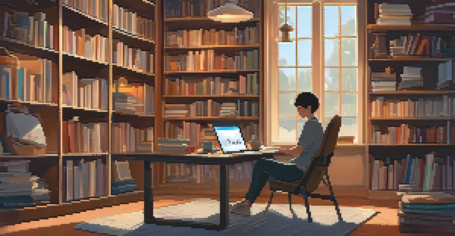 A student at home watching a video on a laptop, surrounded by bookshelves and a cozy atmosphere.
