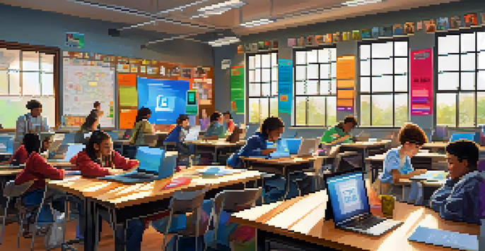 A diverse group of students in a bright classroom, using laptops and tablets for social media engagement and peer feedback.