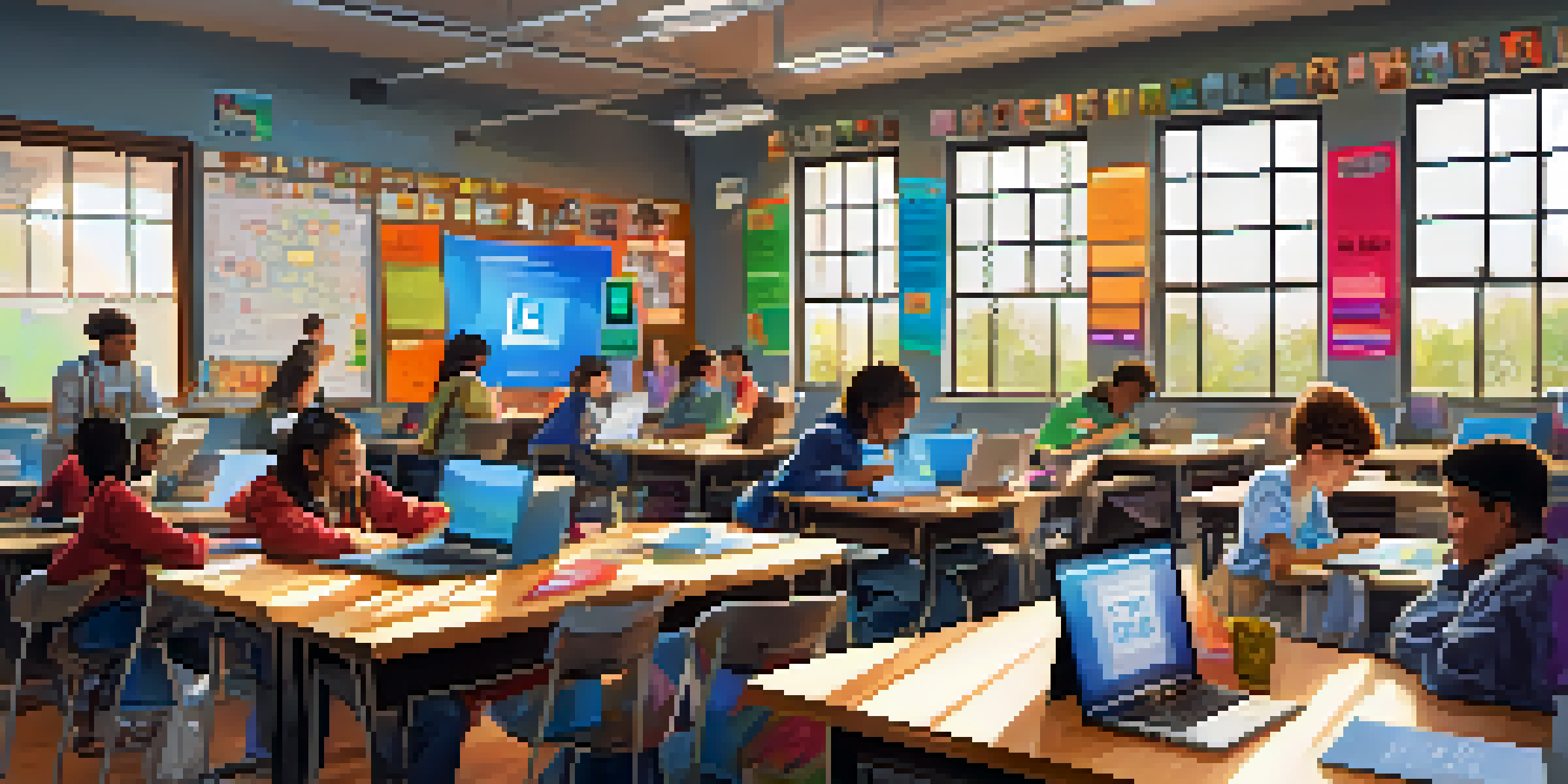 A diverse group of students in a bright classroom, using laptops and tablets for social media engagement and peer feedback.