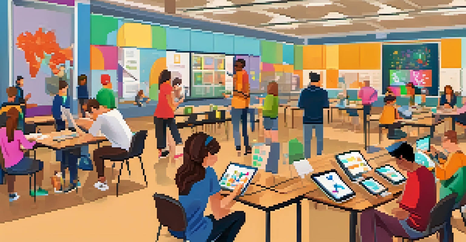Participants of all ages engaged in a digital scavenger hunt at a community center, using devices to solve puzzles in a colorful and interactive environment.