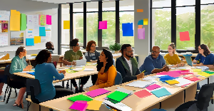 A diverse group of teachers collaborating in a bright, welcoming room filled with natural light and greenery, surrounded by notebooks and laptops.