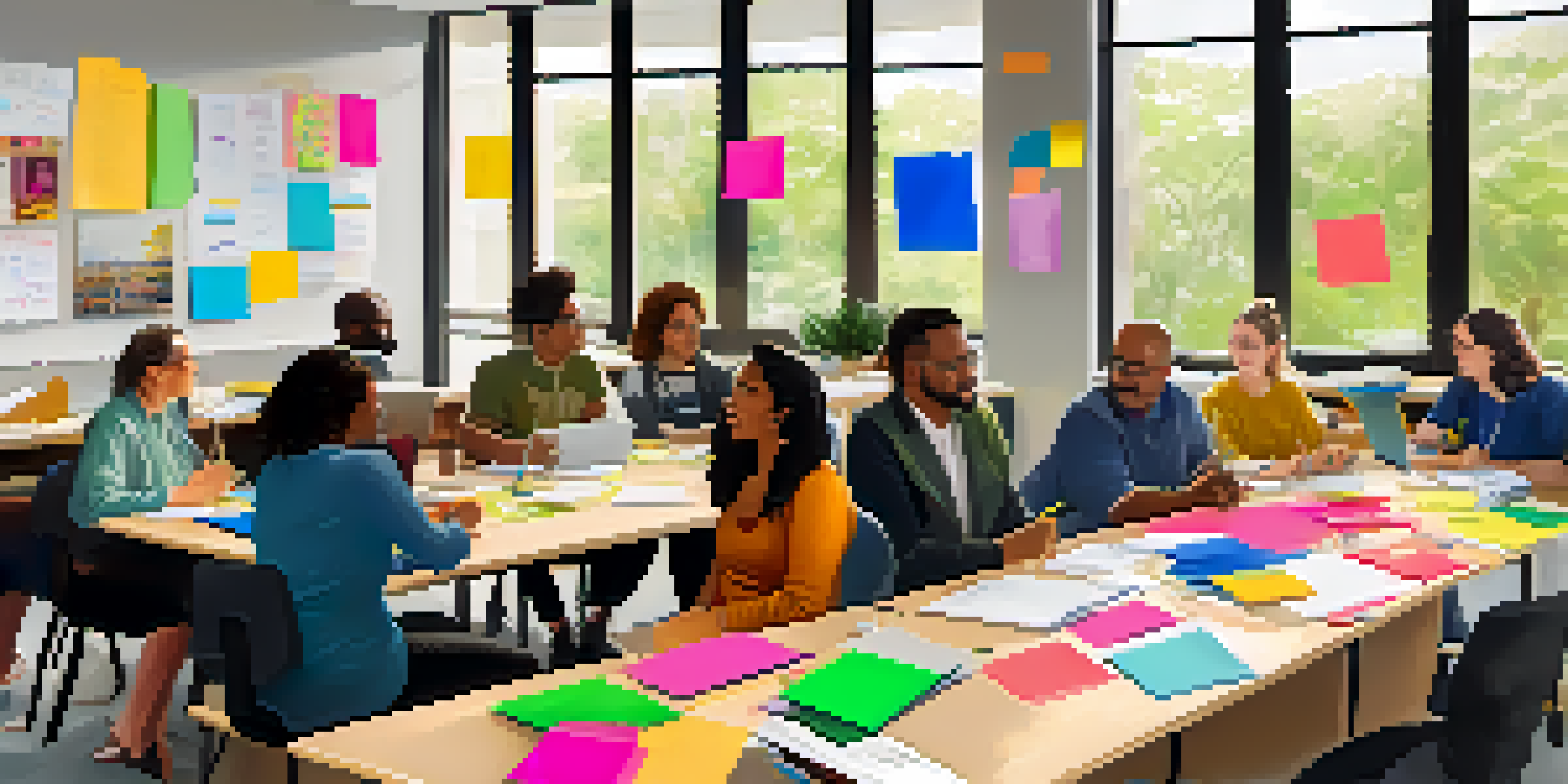 A diverse group of teachers collaborating in a bright, welcoming room filled with natural light and greenery, surrounded by notebooks and laptops.