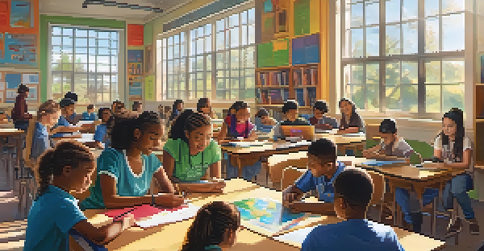 A lively classroom with diverse students working together on personalized learning activities, surrounded by colorful materials and technology.