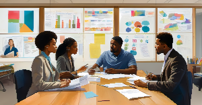 A group of diverse school leaders in a meeting, discussing crisis management, surrounded by documents and laptops.