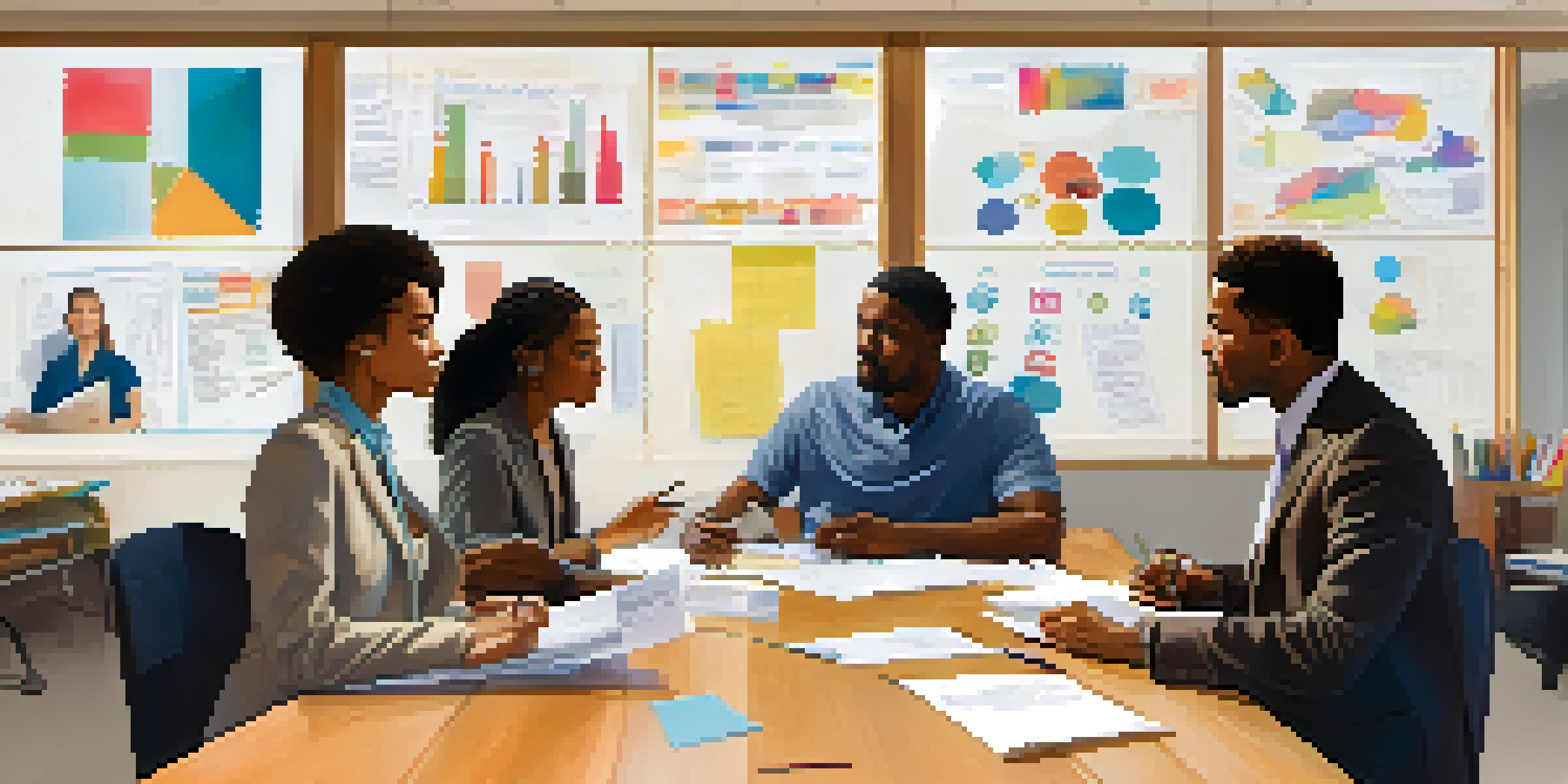 A group of diverse school leaders in a meeting, discussing crisis management, surrounded by documents and laptops.