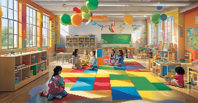A lively classroom filled with children playing and learning through various activities, such as building blocks and role-playing, with bright colors and natural light.