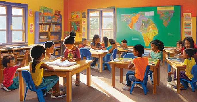 A lively classroom filled with children of different ethnic backgrounds working together on a project, surrounded by colorful decorations and natural light.