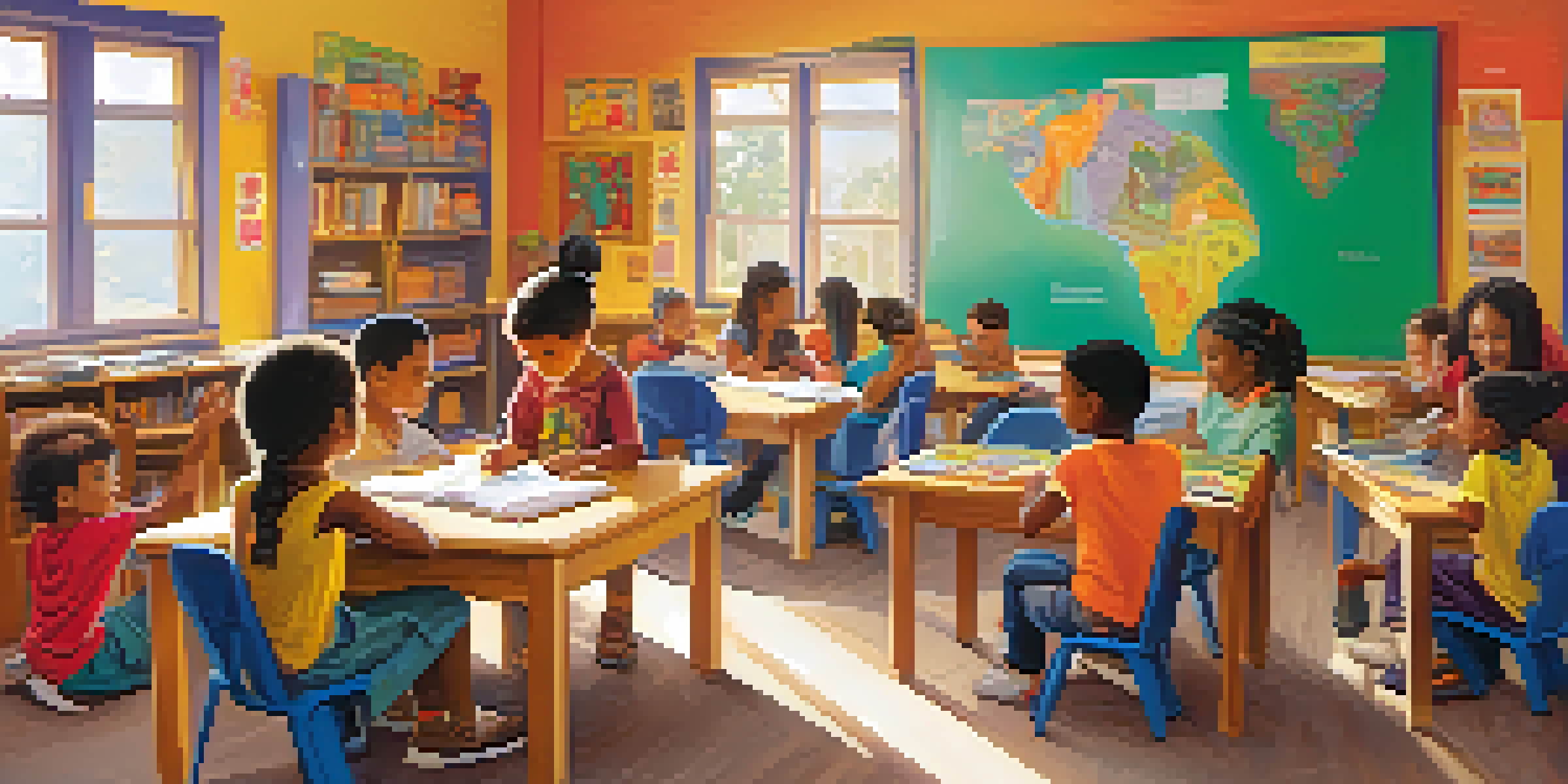 A lively classroom filled with children of different ethnic backgrounds working together on a project, surrounded by colorful decorations and natural light.