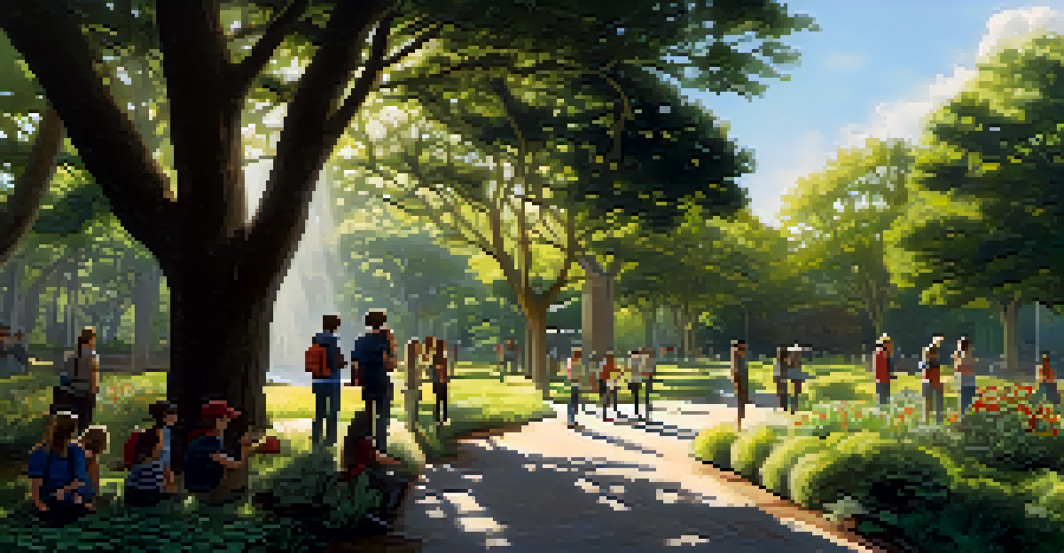 Students of different backgrounds exploring a botanical garden, taking notes and observing plants under the sunlight.