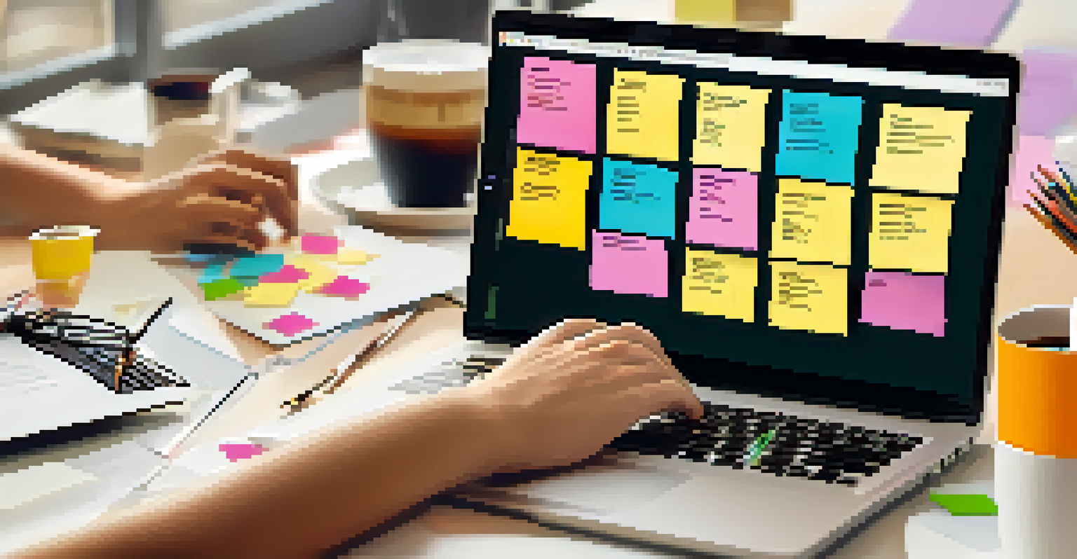 Close-up of diverse hands working collaboratively on a laptop surrounded by sticky notes and coffee cups.