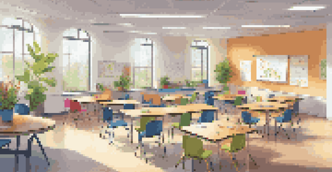 A collaborative classroom with round tables, colorful cushions, and large windows allowing natural light, where diverse students are engaged in discussions and activities.