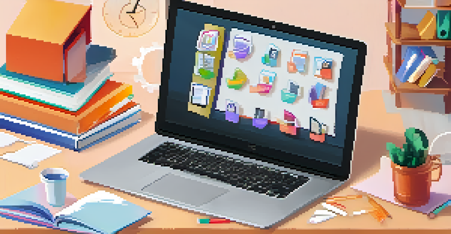An illustration representing asynchronous learning with a laptop, various digital tools, and a clock symbolizing flexible learning time.