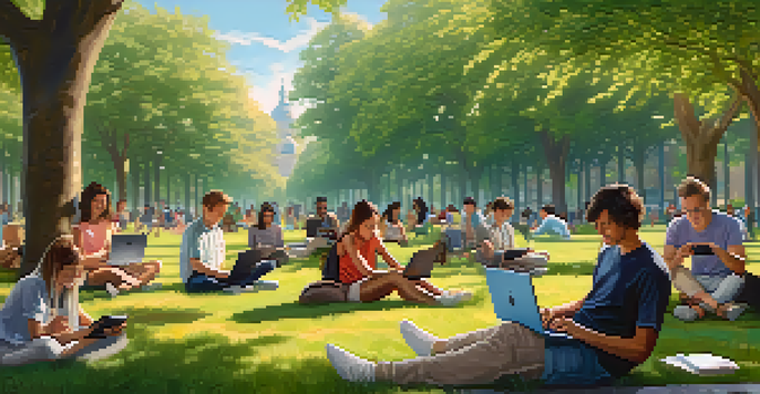 A diverse group of people engaged with technology in a vibrant park setting, surrounded by trees and soft sunlight.