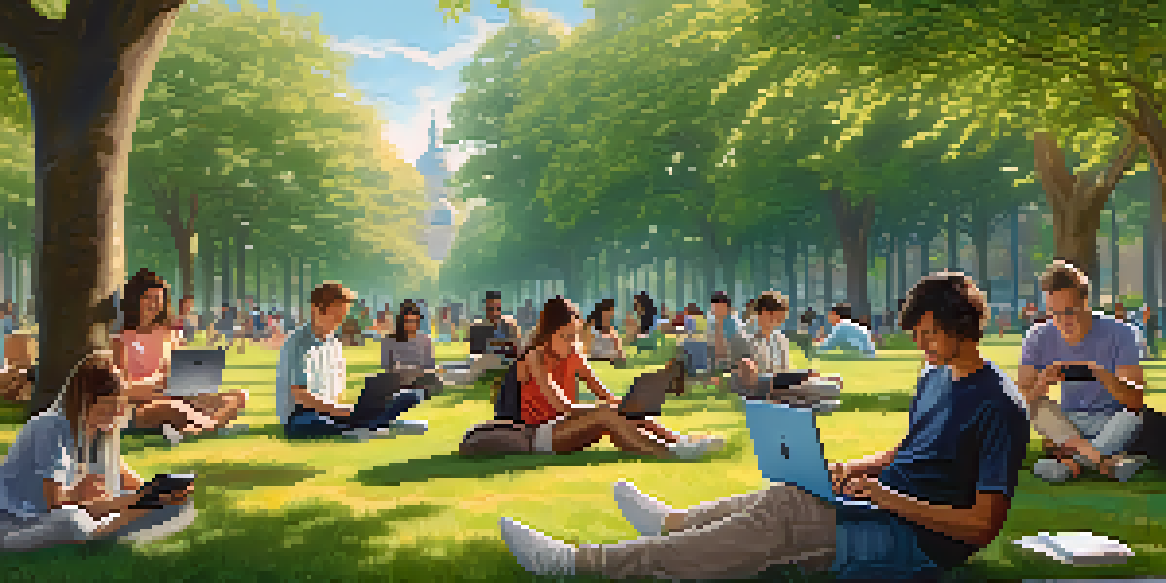 A diverse group of people engaged with technology in a vibrant park setting, surrounded by trees and soft sunlight.