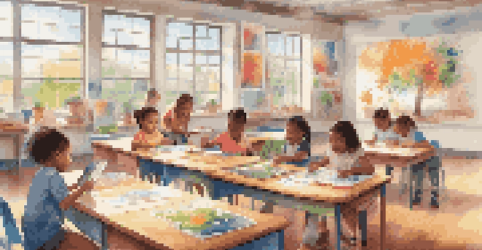 A bright classroom with children using tablets and doing art projects, filled with educational posters and sunlight.