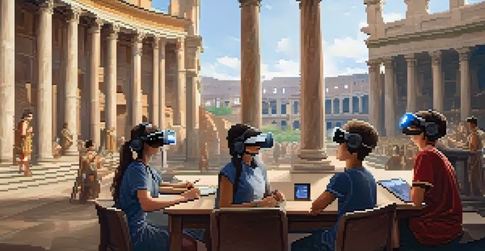 A classroom with students wearing VR headsets engaged in a virtual reality simulation of ancient Rome, with Roman architecture in the background.