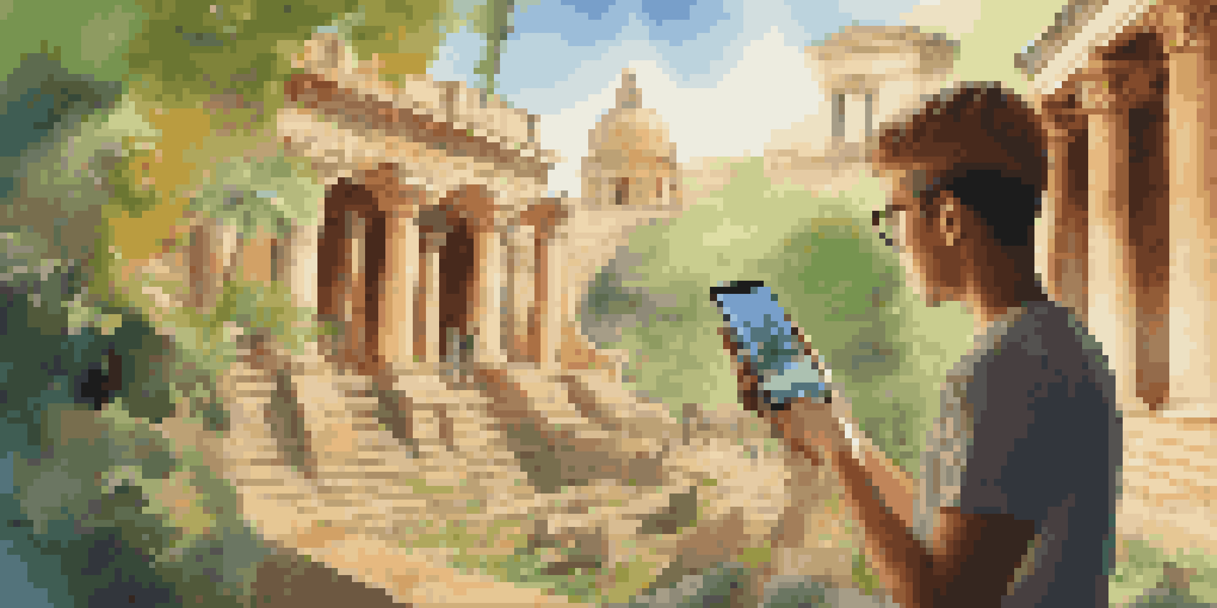 A student interacting with augmented reality on a smartphone at a historical site, surrounded by holographic images in a sunny environment.