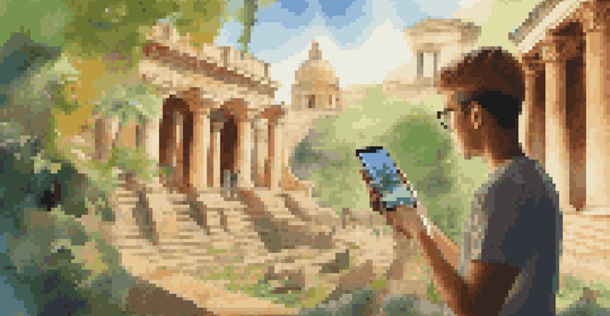A student interacting with augmented reality on a smartphone at a historical site, surrounded by holographic images in a sunny environment.