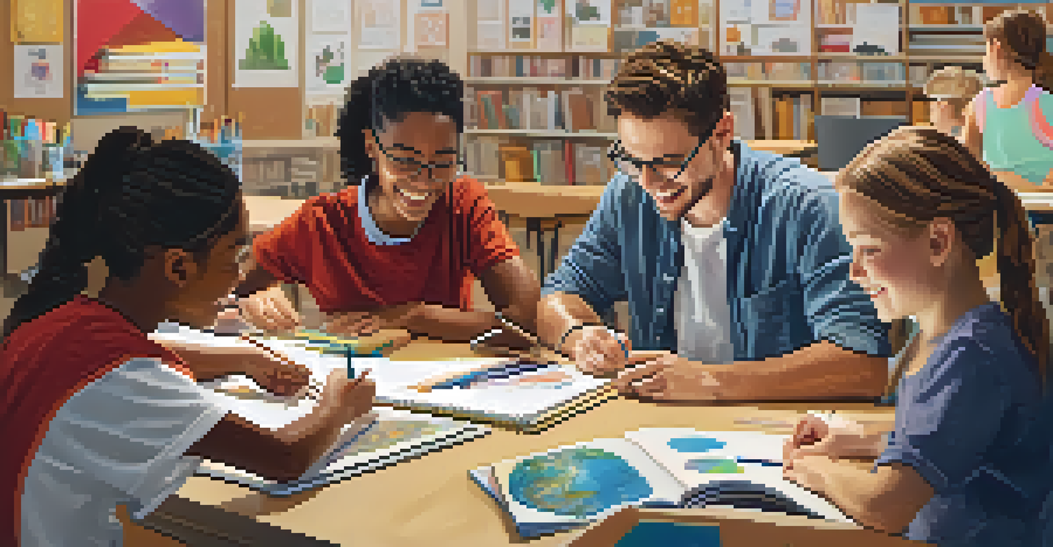 A teacher and students collaborating on a project at a table, surrounded by educational materials and a positive atmosphere.