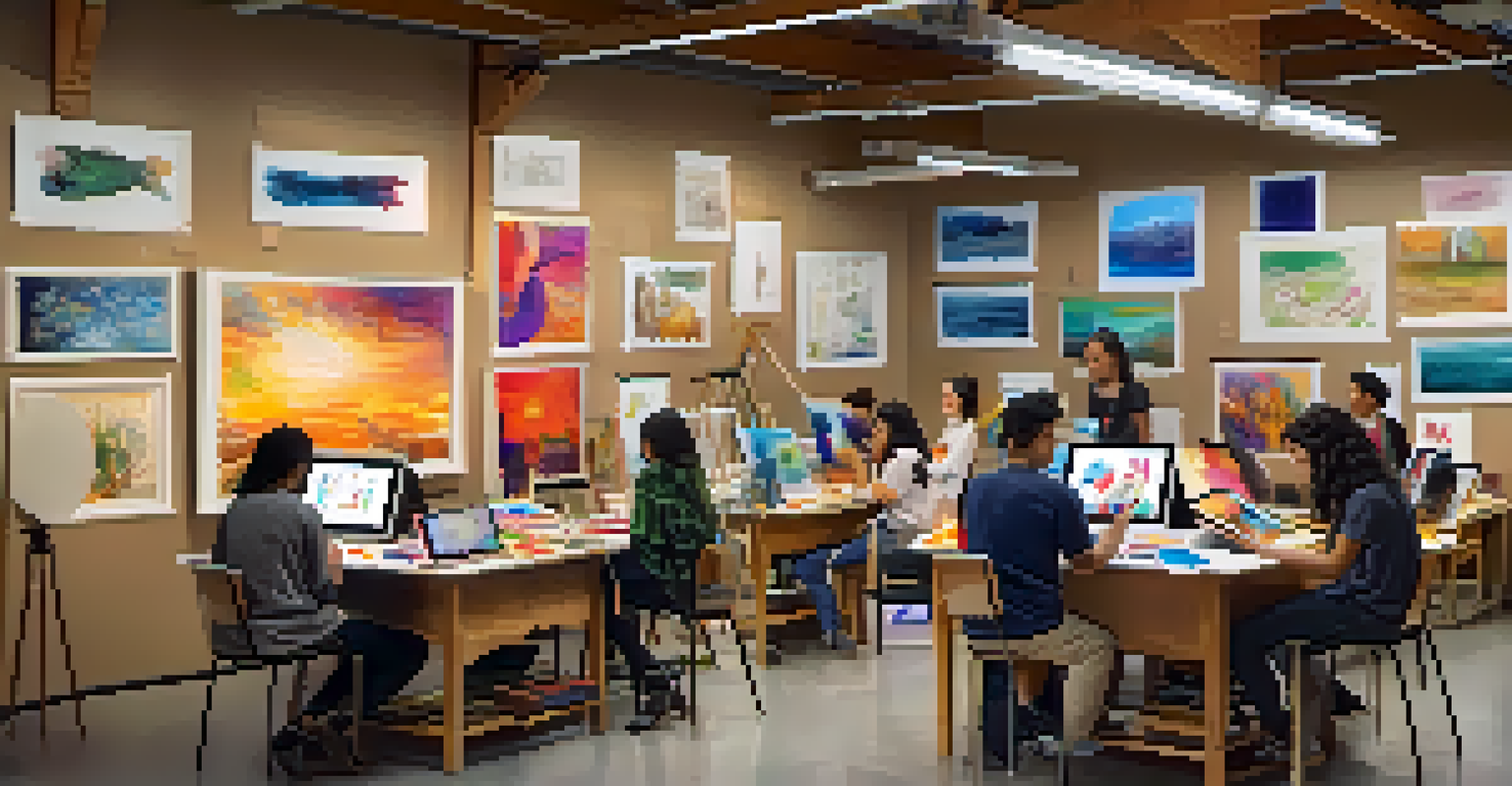 Students in a workshop combining art and technology, using tablets and traditional materials to create colorful mixed media projects.