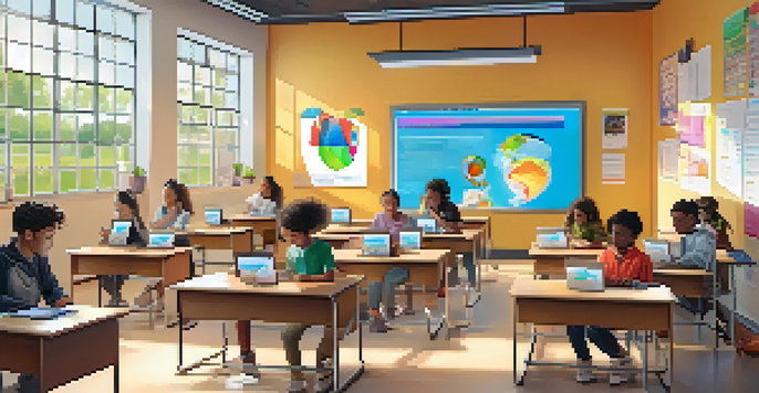 A diverse group of students in a bright classroom using tablets for digital assessments, with educational posters and natural light.