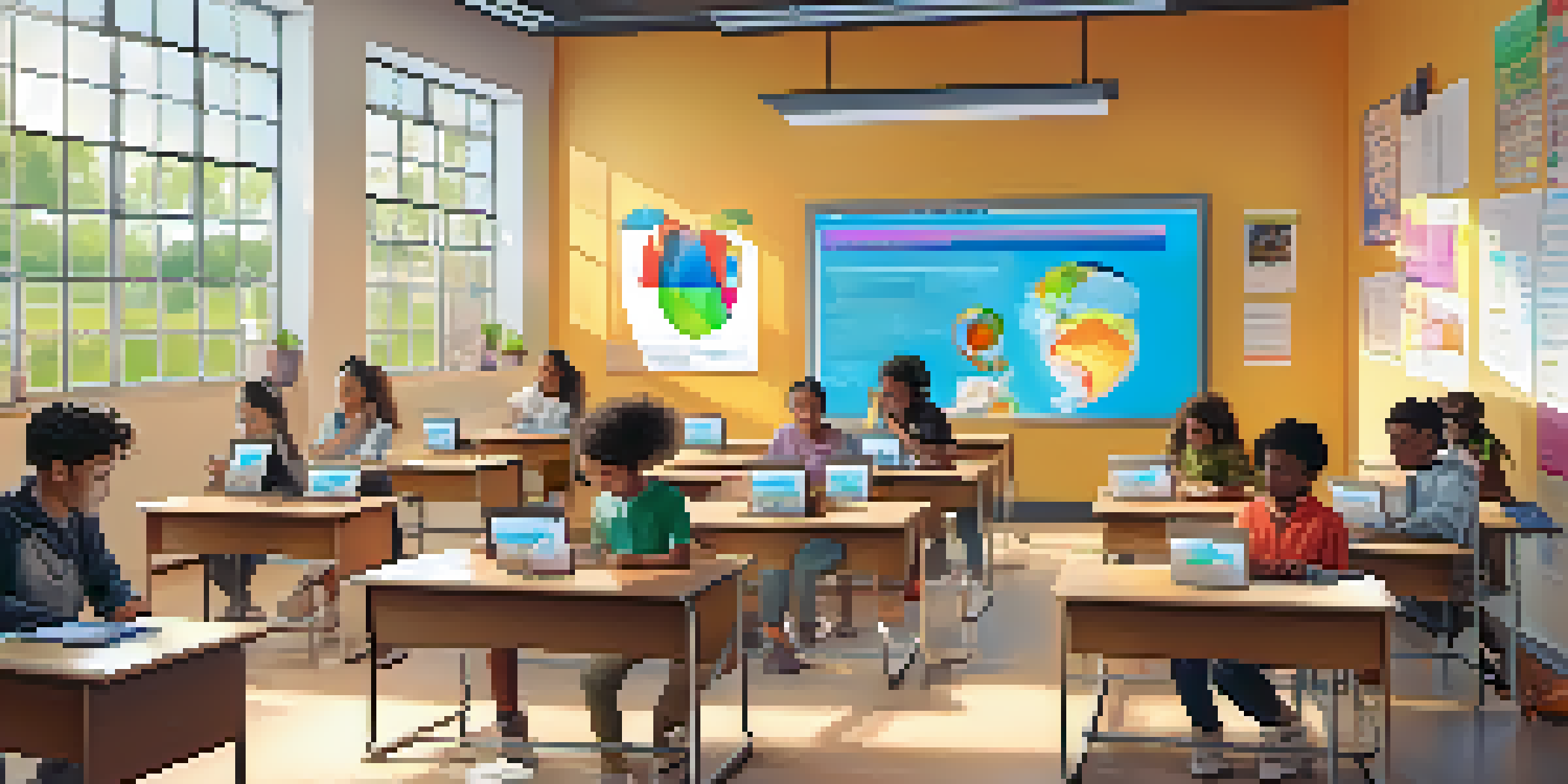 A diverse group of students in a bright classroom using tablets for digital assessments, with educational posters and natural light.